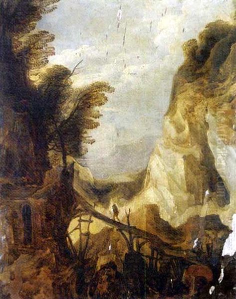 A Mountainous Landscape With Travellers On A Bridge Oil Painting by Joos de Momper the Younger