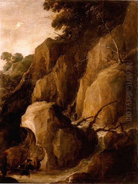 A Rocky Torrent With Fishermen Oil Painting by Joos de Momper the Younger