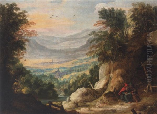 An Extensive Mountainous Landscape With Two Hermits Reading In The Foreground Oil Painting by Joos de Momper the Younger