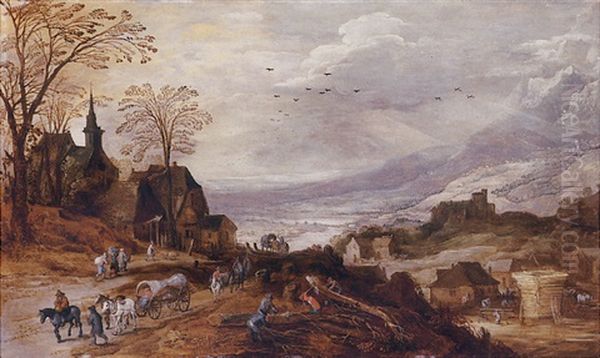 An Extensive Autumnal Landscape With Travellers On A Path By A Village, Woodcutters In The Foreground, A River Valley And Mountains In The Distance Oil Painting by Joos de Momper the Younger