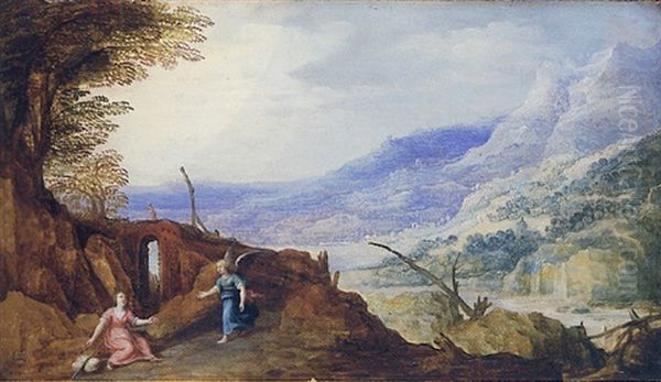 An Extensive Mountainous Landscape With An Angel Appearing To Hagar Oil Painting by Joos de Momper the Younger