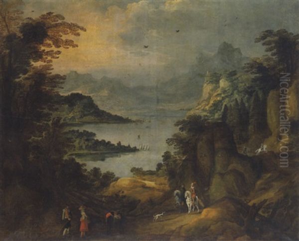 Promeneurs Au Bord D'un Lac, Dans Un Paysage Alpin Oil Painting by Joos de Momper the Younger