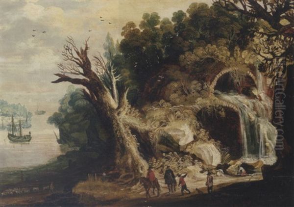 A Mountainous River Landscape With Travellers On A Track By A Waterfall Oil Painting by Joos de Momper the Younger