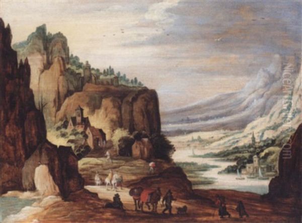 A Mountainous River Landscape With Travellers On A Path In The Foreground Oil Painting by Joos de Momper the Younger