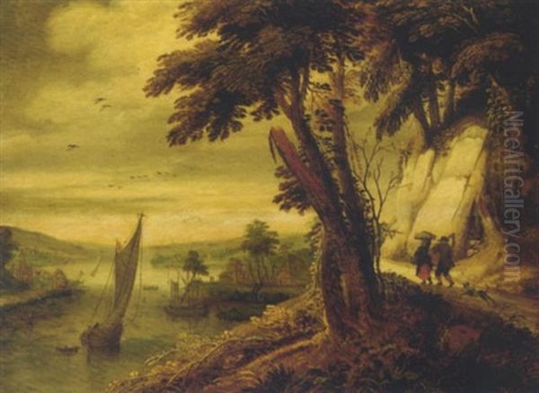 An Extensive River Landscape With Two Peasants On A Path Oil Painting by Joos de Momper the Younger