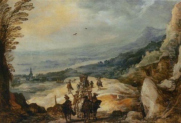 A Mountainous Landscape With Militiamen Protecting A Carriage Oil Painting by Joos de Momper the Younger