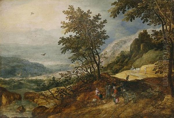 A Wooded Mountainous River Landscape With Travellers Conversing On A Path Oil Painting by Joos de Momper the Younger