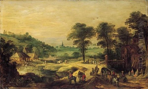 Extensive Landscape With Travellers On A Road Outside A Chateau With A Village Beyond Oil Painting by Joos de Momper the Younger