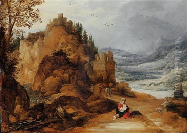 A Mountainous River Landscape With The Rest On The Flight Into Egypt Oil Painting by Joos de Momper the Younger