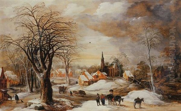 A Winter Landscape With A Muleteer And Villagers Conversing By His Train, Travellers By A House And Faggot-gatherers With Their Wagons On A Path, A Village By A River Beyond Oil Painting by Joos de Momper the Younger