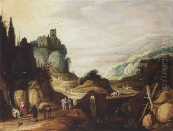 An Extensive Mountain Landscape With Travellers Drinking From A Stream, A Bridge Beyond Oil Painting by Joos de Momper the Younger