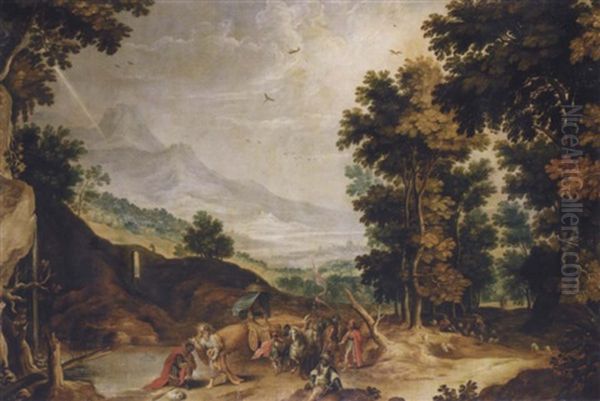 A River Landscape With Saint Philip Baptising The Moor Oil Painting by Joos de Momper the Younger