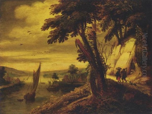 An Extensive River Landscape With Two Peasants Oil Painting by Joos de Momper the Younger