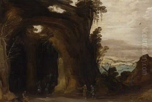 A Mountainous Landscape With Pilgrims At A Shrine In A Grotto Oil Painting by Joos de Momper the Younger