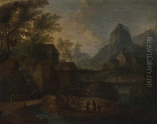 A Mountainous Wooded River Landscape With Anglers In The Foreground Oil Painting by Joos de Momper the Younger