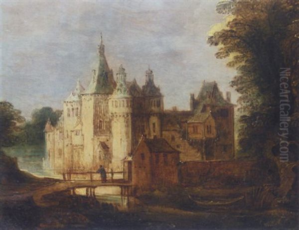 A Landscape With A Moated Castle And Figures On A Bridge Oil Painting by Joos de Momper the Younger