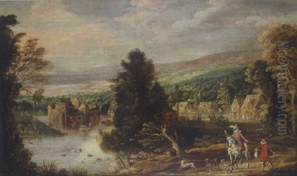 A River Landscape With Huntsmen And A Hounds Oil Painting by Joos de Momper the Younger