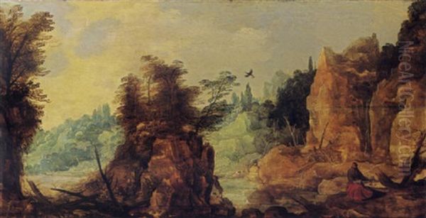 An Extensive River Landscape With Elijah Fed By The Ravens Oil Painting by Joos de Momper the Younger