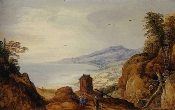 An Extensive Coastal Landscape With Peasants Conversing On A Hilly Path In The Foreground Oil Painting by Joos de Momper the Younger