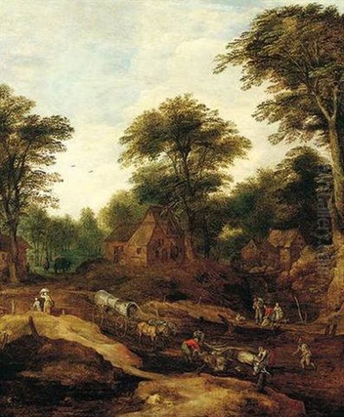 A Wooded Landscape With An Overturned Waggon On A Path Before A Village Oil Painting by Joos de Momper the Younger