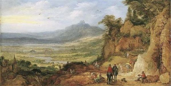 An Extensive Mountain Landscape With Travellers On A Road By An Inn Oil Painting by Joos de Momper the Younger