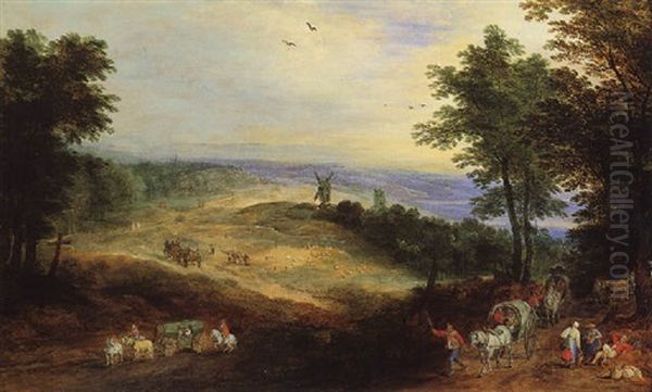 A Wooded Landscape With Travellers On A Track, A Windmill Beyond Oil Painting by Joos de Momper the Younger