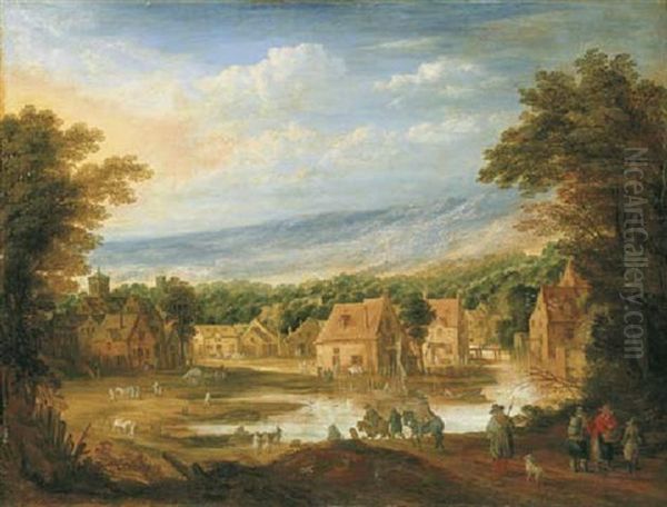 An Extensive River Landscape With Travellers Approaching A Village Oil Painting by Joos de Momper the Younger