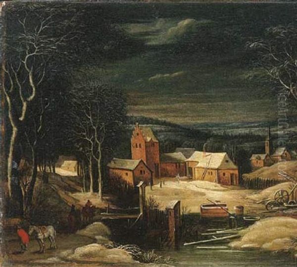 A Winter River Landscape With Travellers On A Track, A Village Beyond Oil Painting by Joos de Momper the Younger