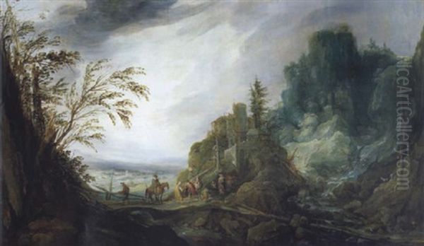 Felsige Landschaft Mit Einem Wasserfall Und Figuren Oil Painting by Joos de Momper the Younger