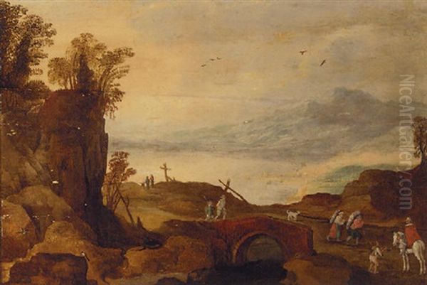 An Alpine Landscape With Travellers On A Bridge Oil Painting by Joos de Momper the Younger