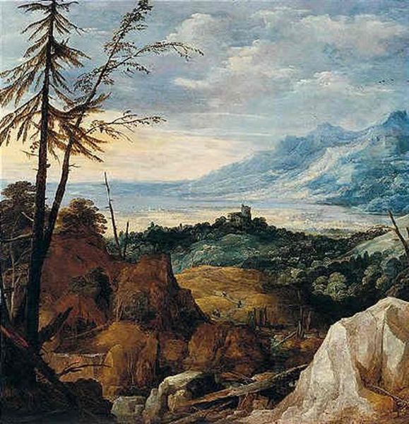 An Exstensive Landscape With Pinetrees Oil Painting by Joos de Momper the Younger