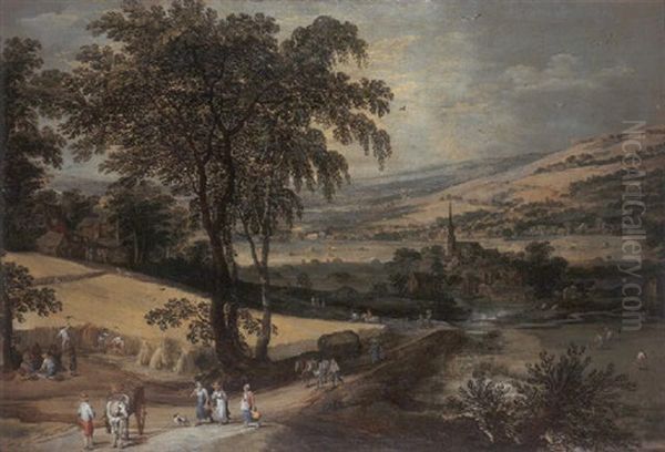 Summer: An Extensive Landscape With Harvesters Cutting A Cornfield And Travellers And Wagons On A Road, A Village Beyond Oil Painting by Joos de Momper the Younger