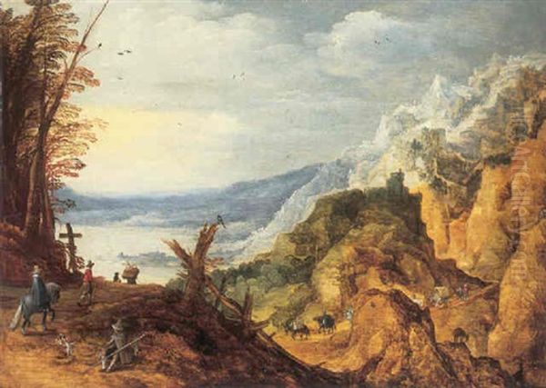 A Rocky Landscape With Travellers, A Lake And A Castle Beyond Oil Painting by Joos de Momper the Younger