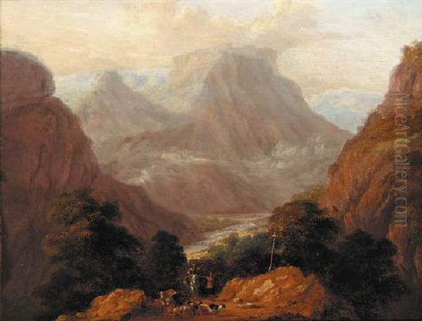 An Extensive Mountain Landscape With Shepherds On A Track by Joos de Momper the Younger