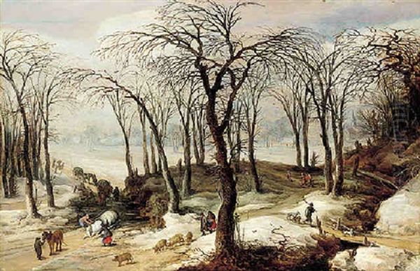 A Winter Landscape With An Overturned Horse-drawn Cart, And Figures Driving A Herd Of Pigs Down A Track Oil Painting by Joos de Momper the Younger