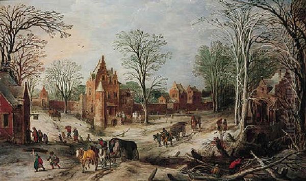 A Winter Landscape With A Cart On A Wooded Road And A Village Beyond Oil Painting by Joos de Momper the Younger