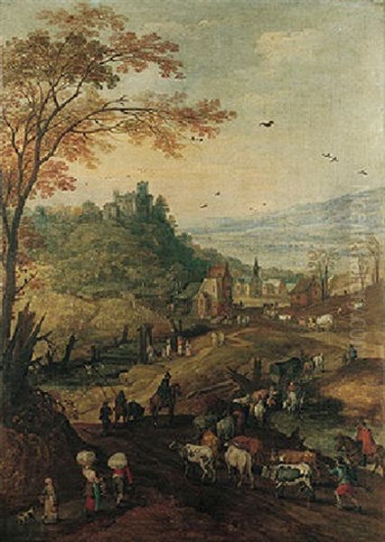 A Rocky Landscape With Cattle Travelling On A Road Oil Painting by Joos de Momper the Younger