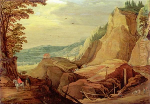 Gebirgslandschaft Mit Seitlich Aufsteigenden Felsen Oil Painting by Joos de Momper the Younger