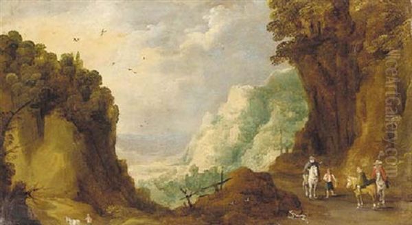 An Extensive Rocky Landscape With Travellers On A Track, A Valley Beyond Oil Painting by Joos de Momper the Younger