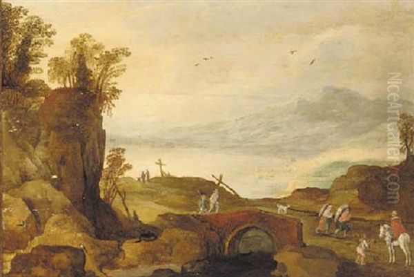 An Alpine Landscape With Travellers On A Bridge, A River And Mountains Beyond Oil Painting by Joos de Momper the Younger