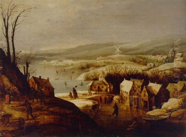 A Winter Landscape With Skaters Near A Village Oil Painting by Joos de Momper the Younger