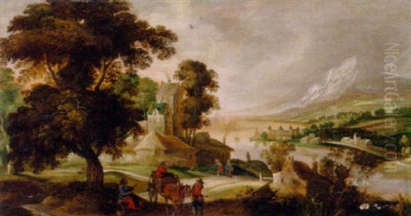 A River Landscape With A Horse And Cart And Other Figures Before A Town Oil Painting by Joos de Momper the Younger