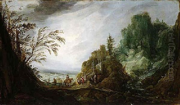 A Rocky Landscape With A Waterfall And Figures Meeting On A Bridge Oil Painting by Joos de Momper the Younger