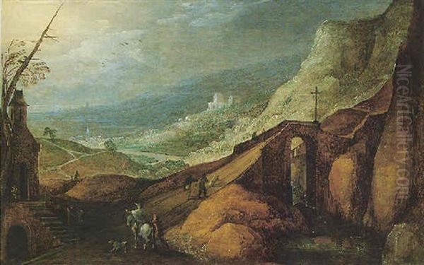 A Rocky River Landscape With Travellers Crossing A Bridge Near A Chapel Oil Painting by Joos de Momper the Younger