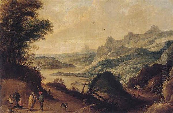 An Extensive Panoramic River Landscape With Gypsies And A Fortune-teller Reading A Man's Palm On A Track Oil Painting by Joos de Momper the Younger