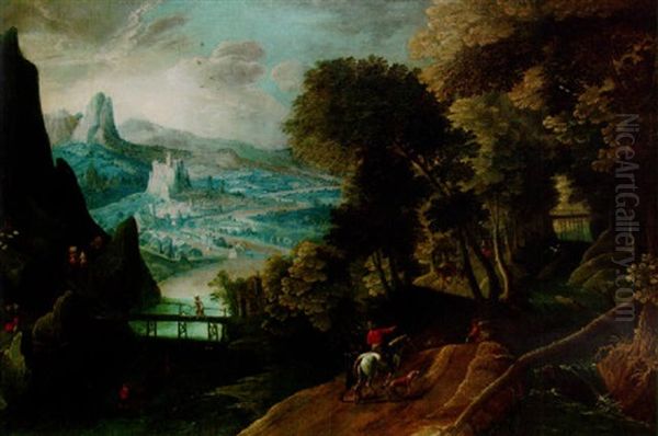 An Extensive River Landscape With Travellers On A Track And A Town In The Distance by Joos de Momper the Younger