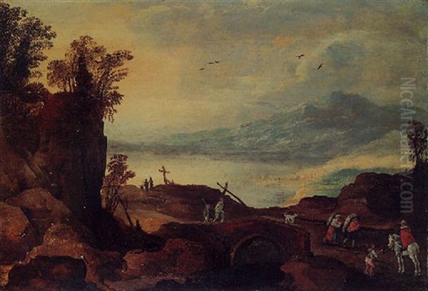 An Alpine Landscape With Travellers On A Bridge, A River And Mountains Beyond Oil Painting by Joos de Momper the Younger