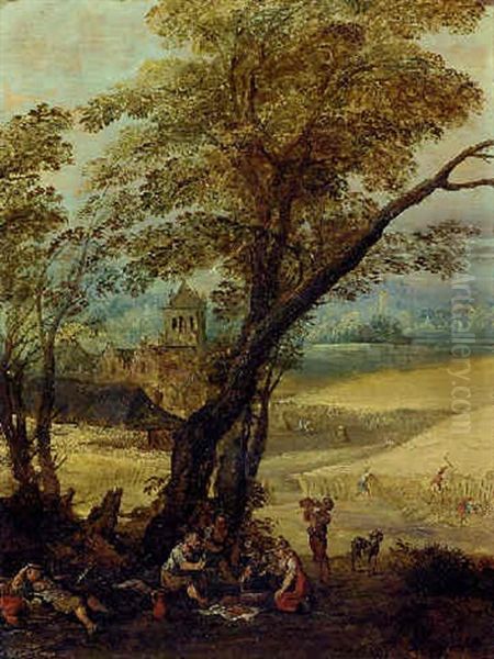 Summer: An Extensive Landscape With Harvesters Resting Beneath A Tree Oil Painting by Joos de Momper the Younger