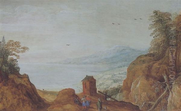 Weite Berglandschaft Mit Einer Kapelle Und Reisenden Oil Painting by Joos de Momper the Younger