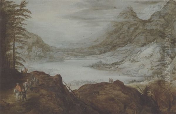 Grosse Berglandschaft Mit Blick Auf Einen See Mit Ziehenden Fussgangern Und Reitern Auf Einer Strasse Oil Painting by Joos de Momper the Younger